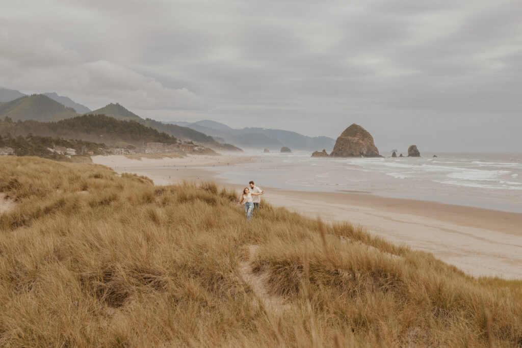 a beautiful scenic overview of cannon beach oregon with haystack rock in the distance